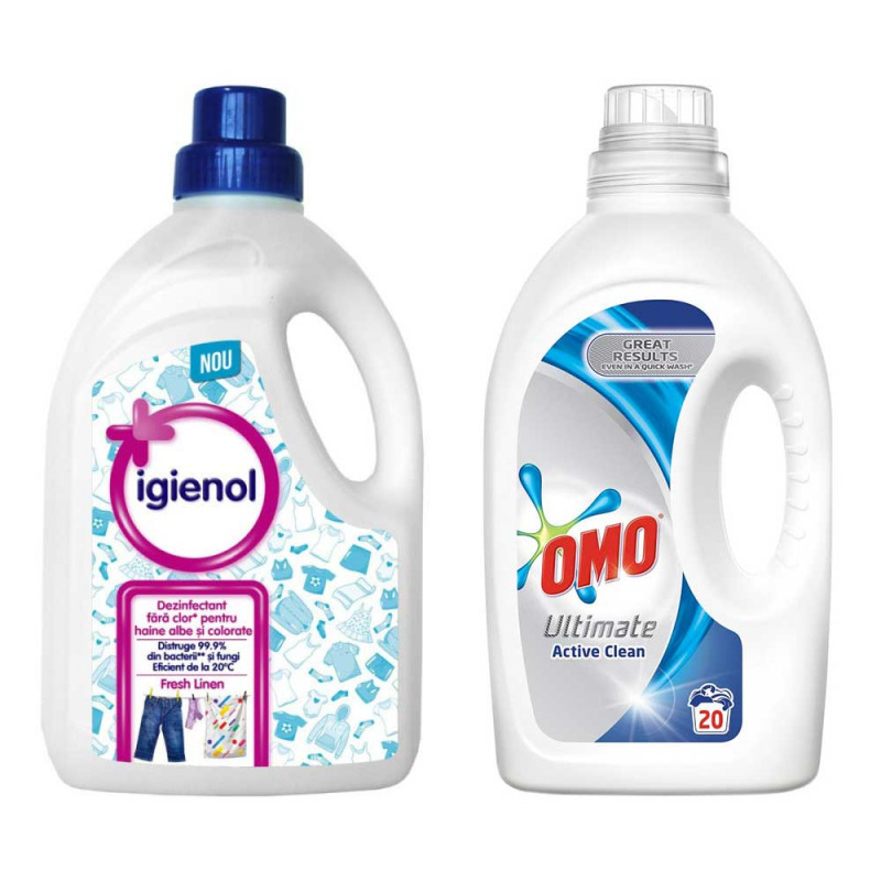 Pachet dezinfectant haine Igienol 1 5 litri   detergent rufe Omo 1 litru