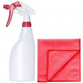 Pachet pulverizator profesional   laveta microfibra rosie