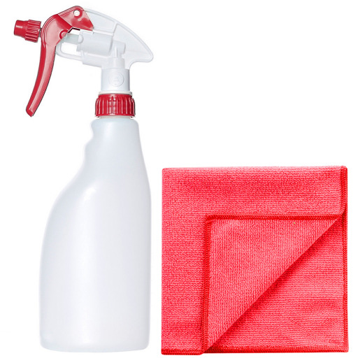 Pachet pulverizator profesional   laveta microfibra rosie