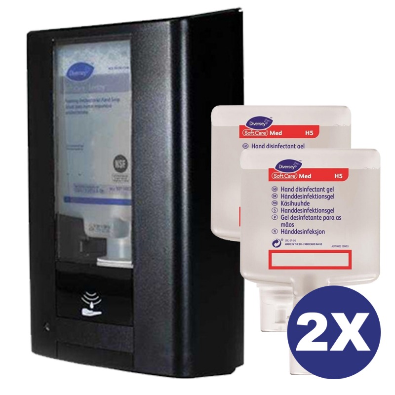 Pachet dozator senzor Diversey negru + 2 dezinfectant maini gel Soft Care Med H5 Pachet dozator senzor Diversey negru + 2 dezinfectant maini gel Soft Care Med H5