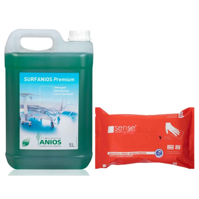 Pachet Surfanios Premium dezinfectant suprafete 5l + servetele dezinfectante Sense