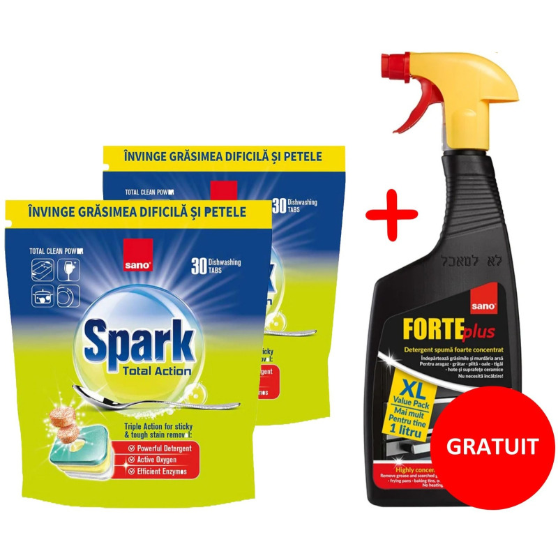 Pachet Promo 2 x Detergent tablete masina de spalat SANO SPARK 30 bucati + Detergent degresant Sano Forte Plus 750ml GRATUIT Pachet Promo 2 x Detergent tablete masina de spalat SANO SPARK 30 bucati + Detergent degresant Sano Forte Plus 750ml GRATUIT