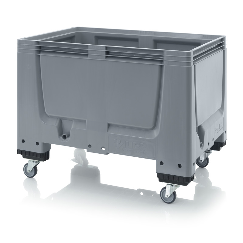 Boxpalet plastic Auer, pereti plini, 120x80x93cm, 4 roti, gri, fabricat Germania