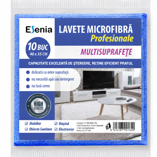 SET 10 lavete microfibra profesionale Esenia, albastre, 40*35 cm, multisuprafete