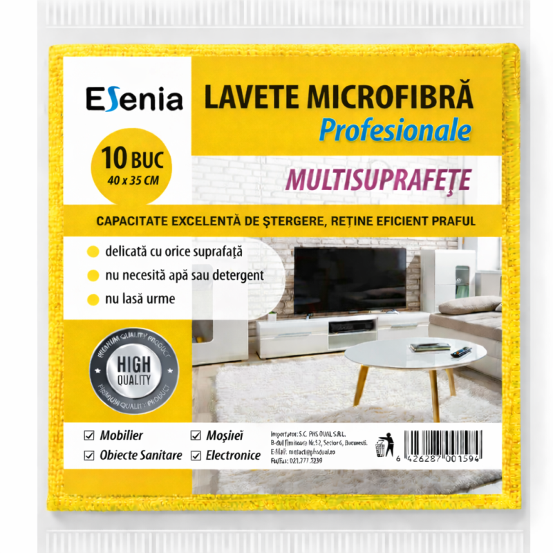 SET 10 lavete microfibra profesionale Esenia, galbene, 40*35 cm, multisuprafete
