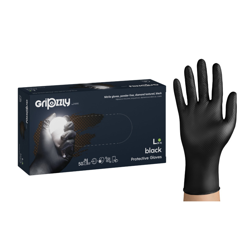 Gripzzly, manusi nitril cu textura diamantata, negru, L