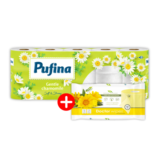 Pachet Hartie igienica Pufina Soft Musetel + Hartie igienica umeda Doctor Wipes, 42 buc/ pachet