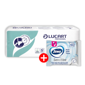 Pachet Hartie igienica Lucart Aquastream, 10 role, 22 metri + Hartie igienica umeda Zewa...