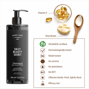 Pachet dispenser hotelier 3 in 1 sampon, gel de dus, sapun lichid + suport perete, Guest Love 480 ml