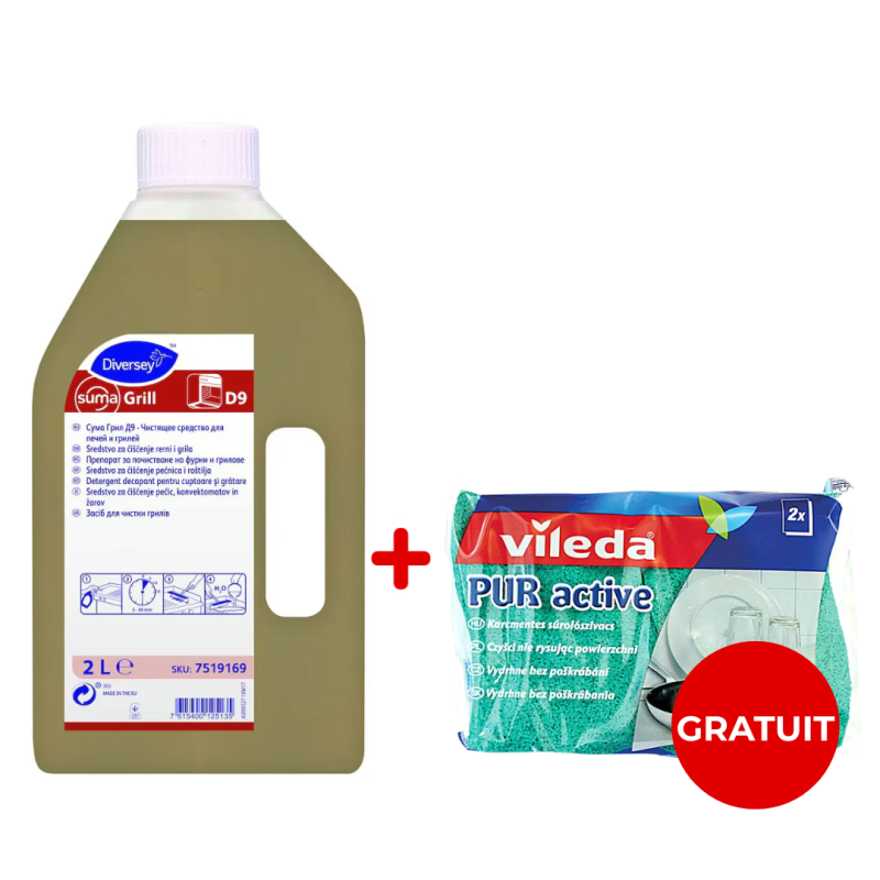 Pachet detergent plite si gratare Suma Grill D9 2 l + Burete de vase teflon Vileda 2 buc, GRATUIT