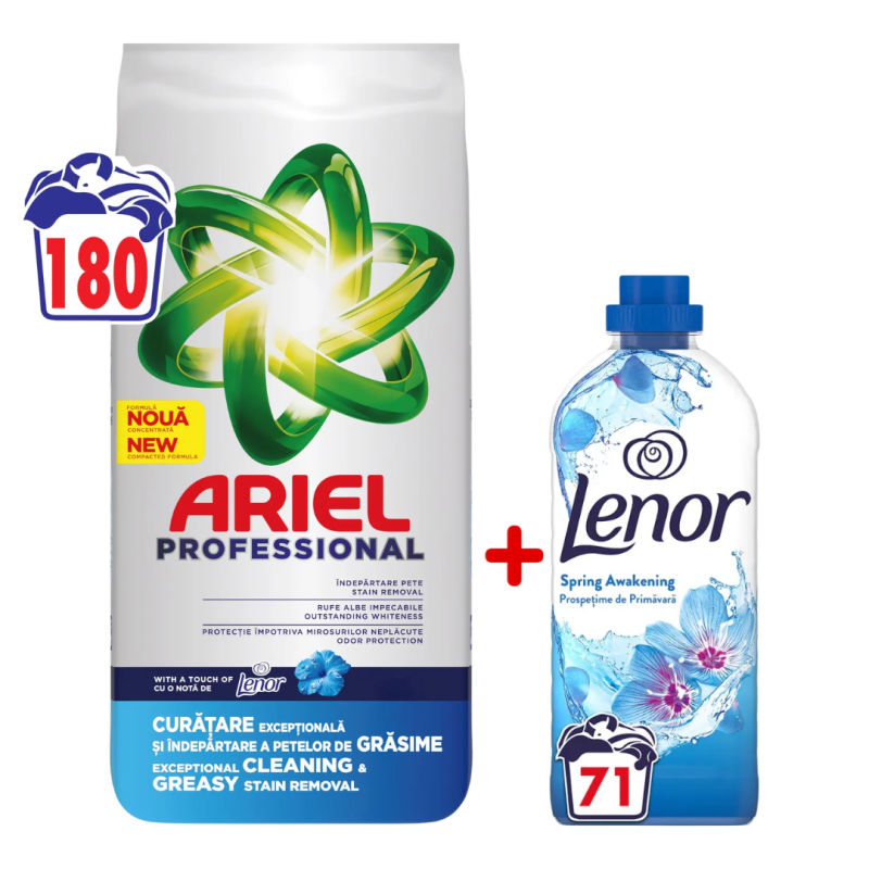 Pachet Ariel Professional Touch of Lenor, detergent automat, 11.7 kg, 180 de spalari + balsam...