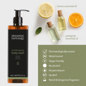 Pachet dispenser hotelier gel de dus + suport perete, Elemental Herbology, 480 ml