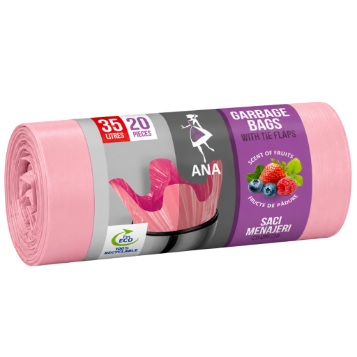 Saci menaj 35 litri cu urechi HDLD, roz cu parfum de fructe, 20 buc/rola