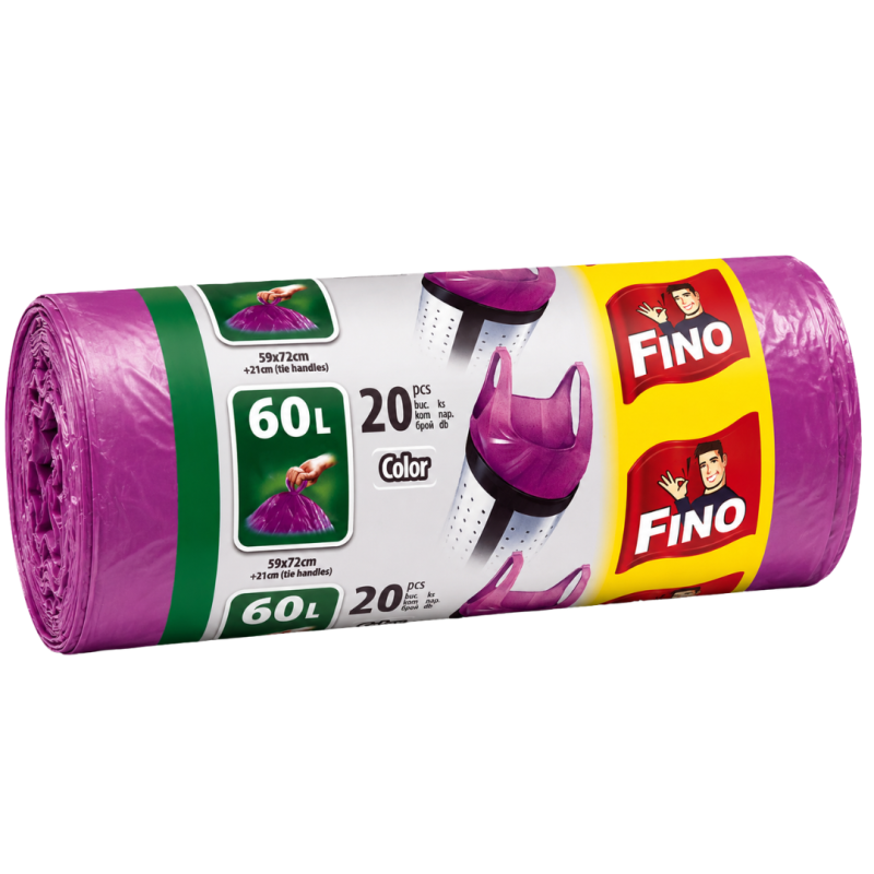 Saci menajeri Fino, colorati cu manere, 60 litri, 20 buc/rola