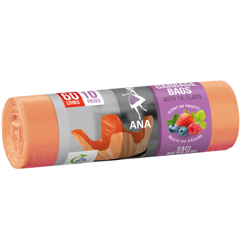 Saci menaj cu urechi HDLD 60 litri, culoare somon cu parfum de fructe, 10 bucati/rola