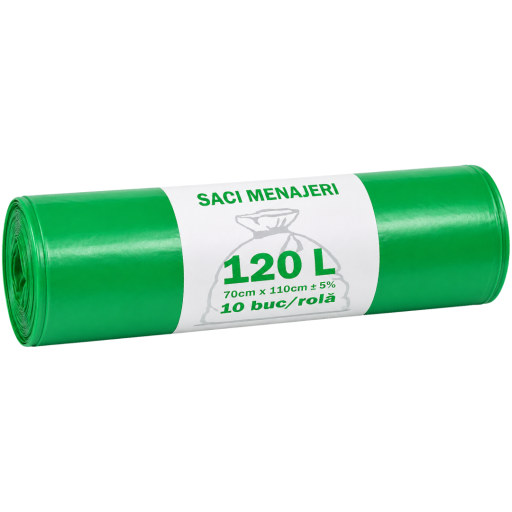 Saci menajeri, colectare selectiva 120 litri L.D.P.E - verzi, 10 buc/rola