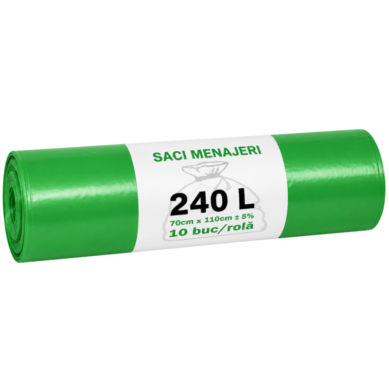 Saci menajeri, colectare selectiva 240 litri L.D.P.E - verzi, 10 buc/rola