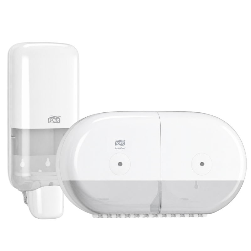 Linie Tork Alb, dispenser hartie igienica SmartOne Twin Mini T9 + dozator sapun lichid/ spuma