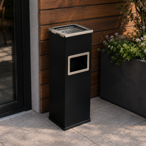 Cos de gunoi cu scrumiera Mirage, 22L, metalic, negru, scrumiera inox