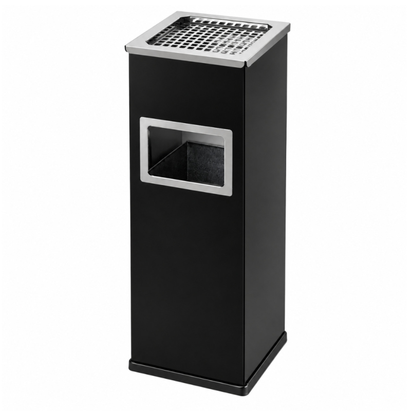 Cos de gunoi cu scrumiera Mirage, 22L, metalic, negru, scrumiera inox