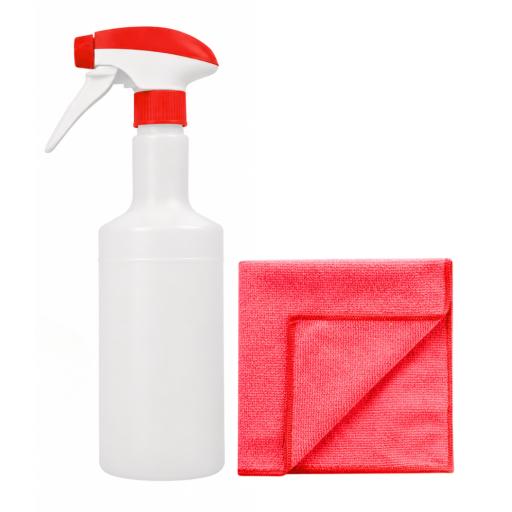 Pachet pulverizator profesional + laveta microfibra rosie