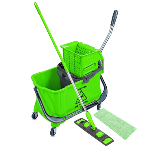 Set curatenie carucior profesional cu mop plat si maner aluminiu verde